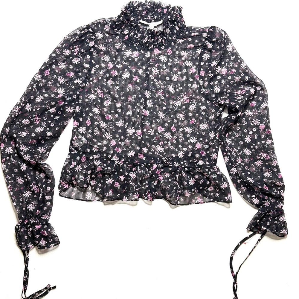BCBGeneration Floral Black and Pink Women's Top Smocked Neck Peplum Size XS